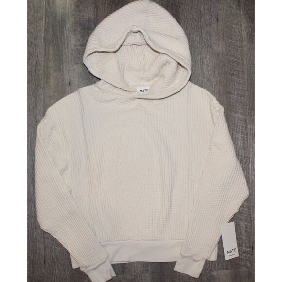 Mate the Label Organic Cotton Waffle Knit Relaxed Hoodie Sweatshirt BONE NWT XS - Picture 7 of 7